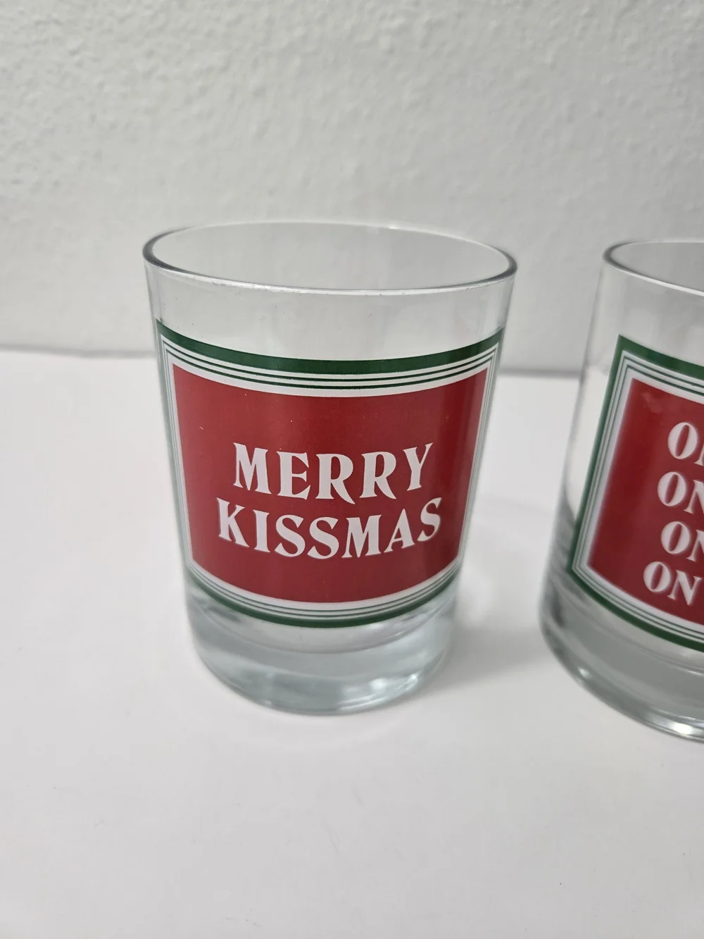 Holiday Glass Tumblers with Red & Green Plaque Design - Set of 2